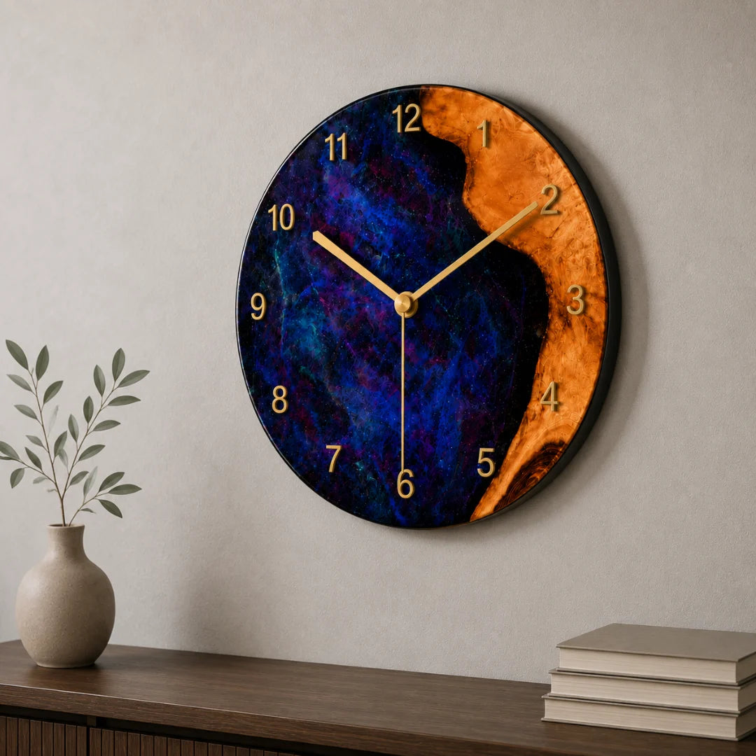 WC08 Galaxy Arc galaxy blue epoxy wall clock with handcrafted resin and natural-grain detail