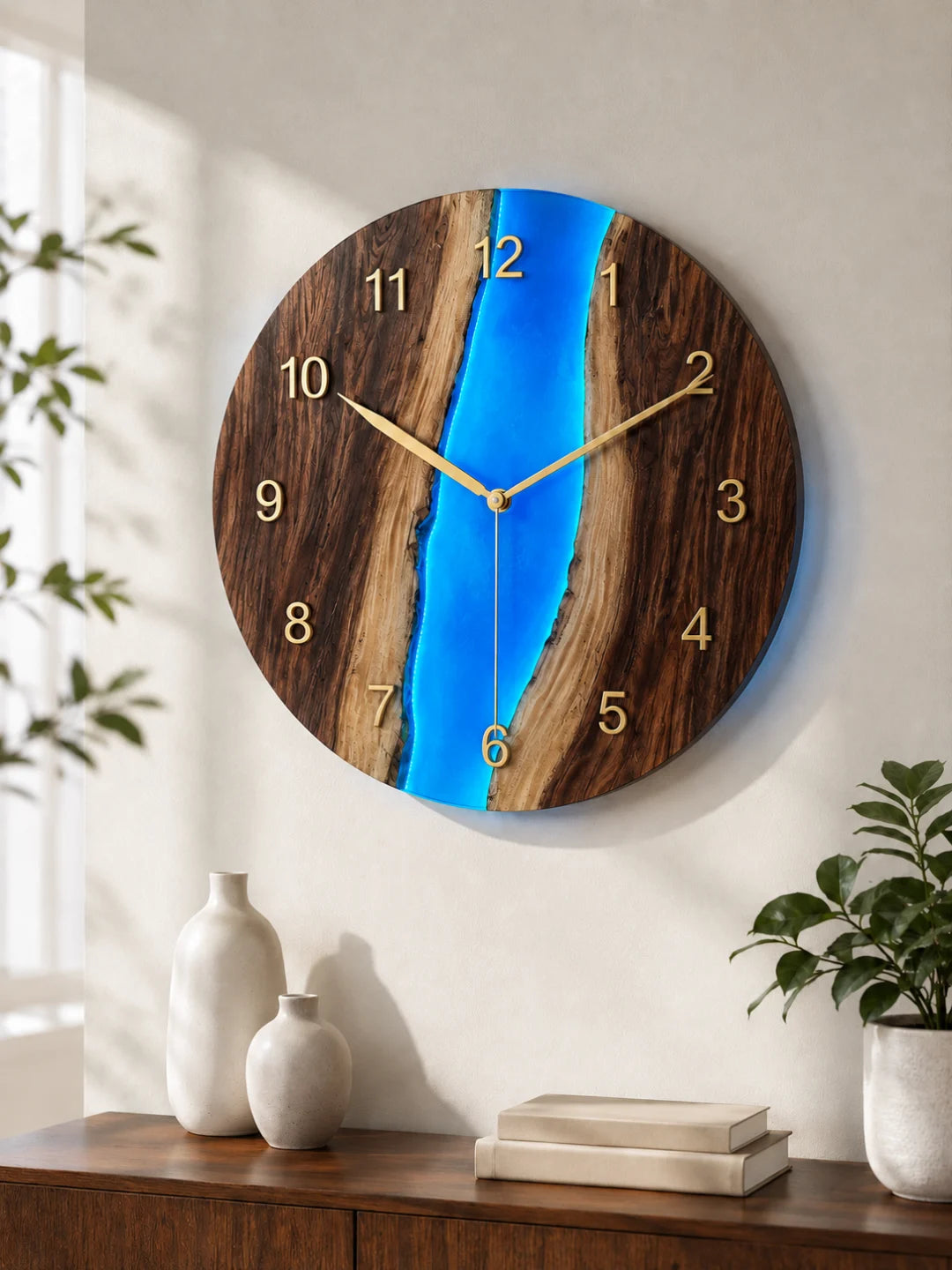 WC09 Blue Channel crystal blue epoxy wall clock with handcrafted resin and natural-grain detail