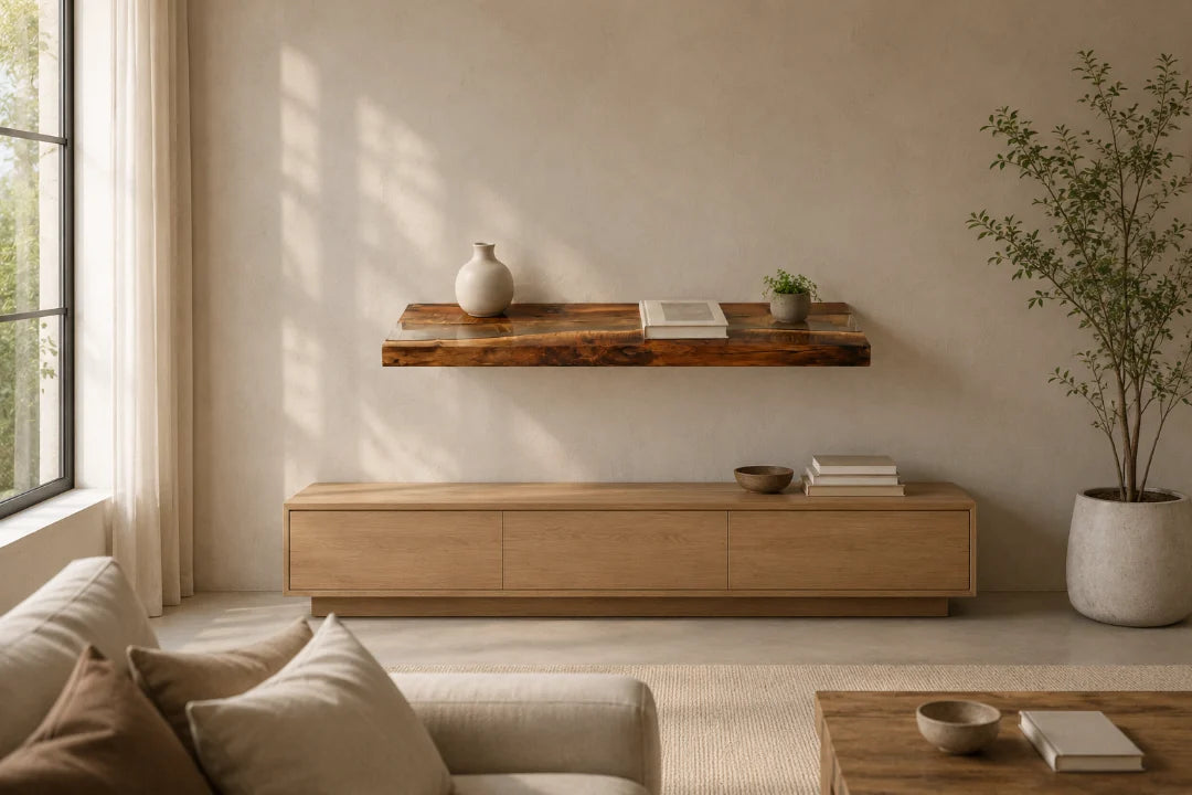 WS01 Clear Horizon crystal clear wall shelf with handcrafted resin and natural-grain detail