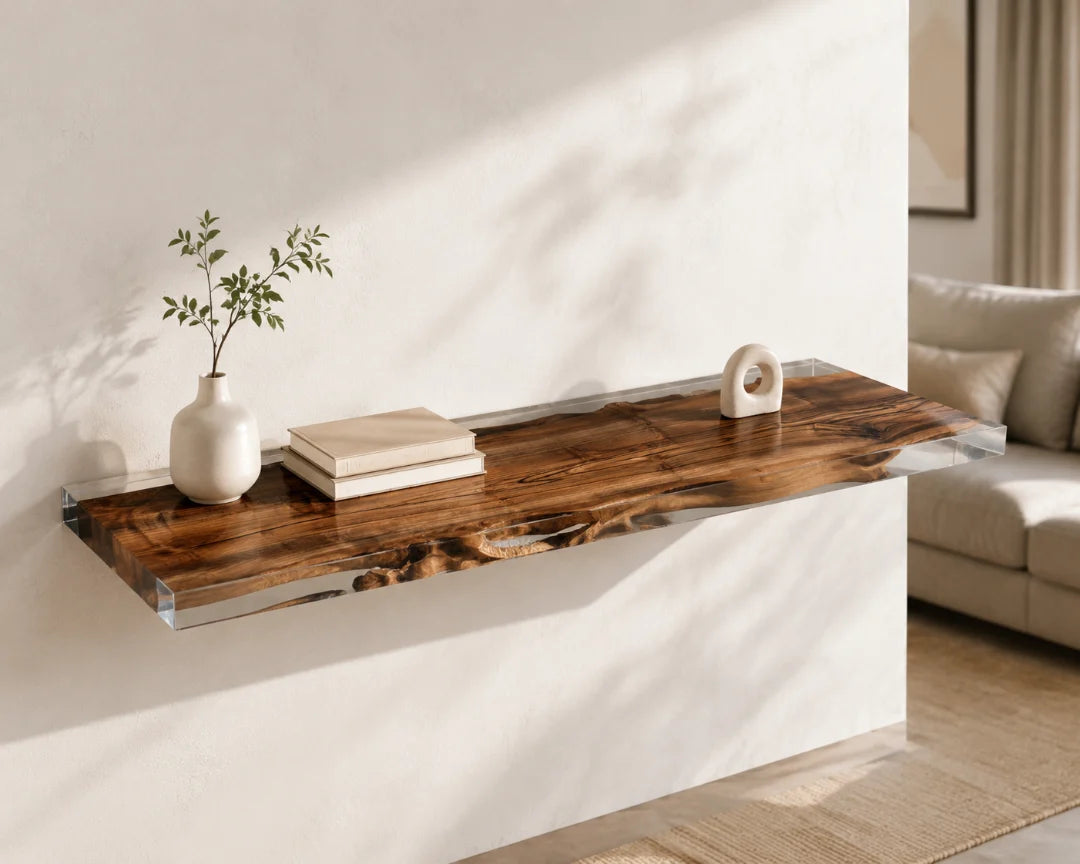WS02 Floating Grain crystal clear wall shelf with handcrafted resin and natural-grain detail