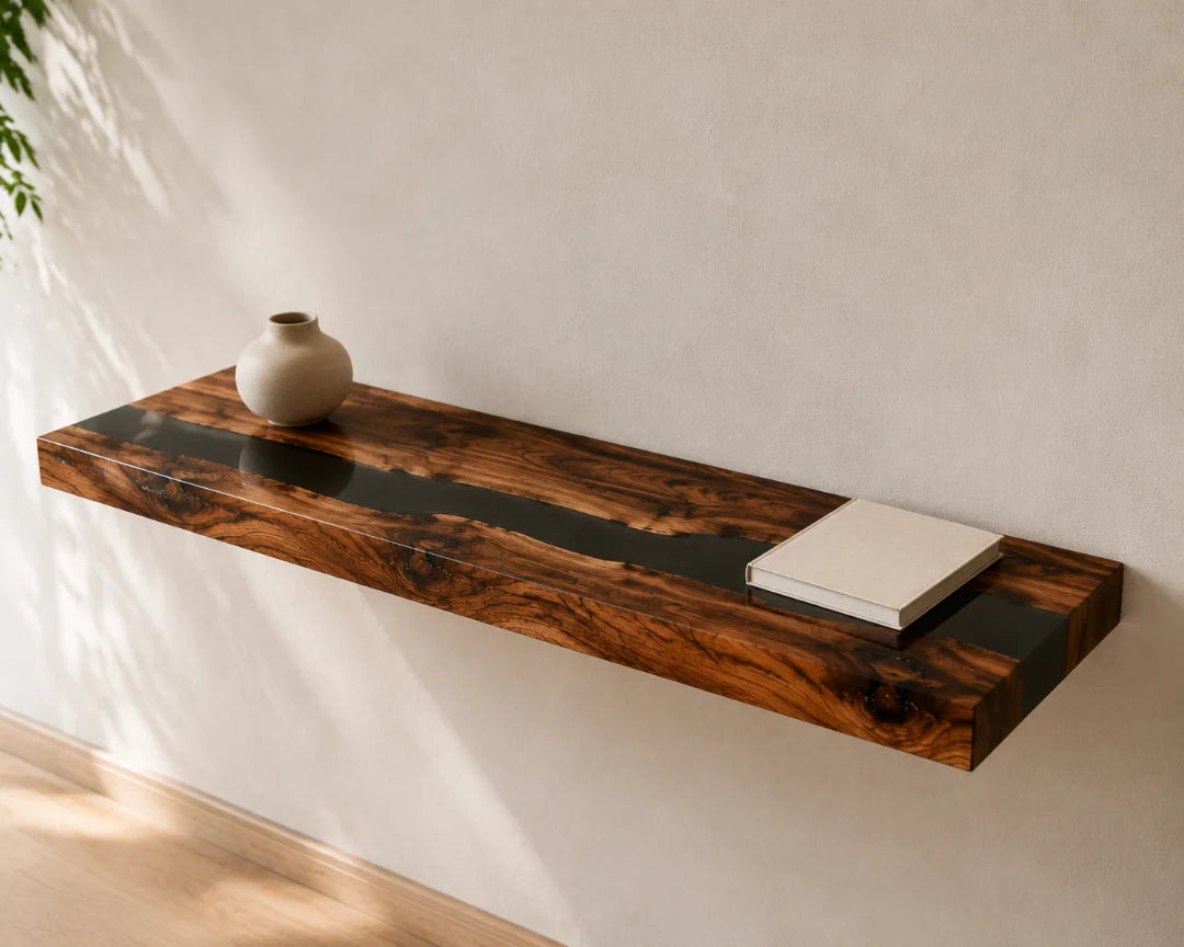 WS03 Black Cut jet black wall shelf with handcrafted resin and natural-grain detail