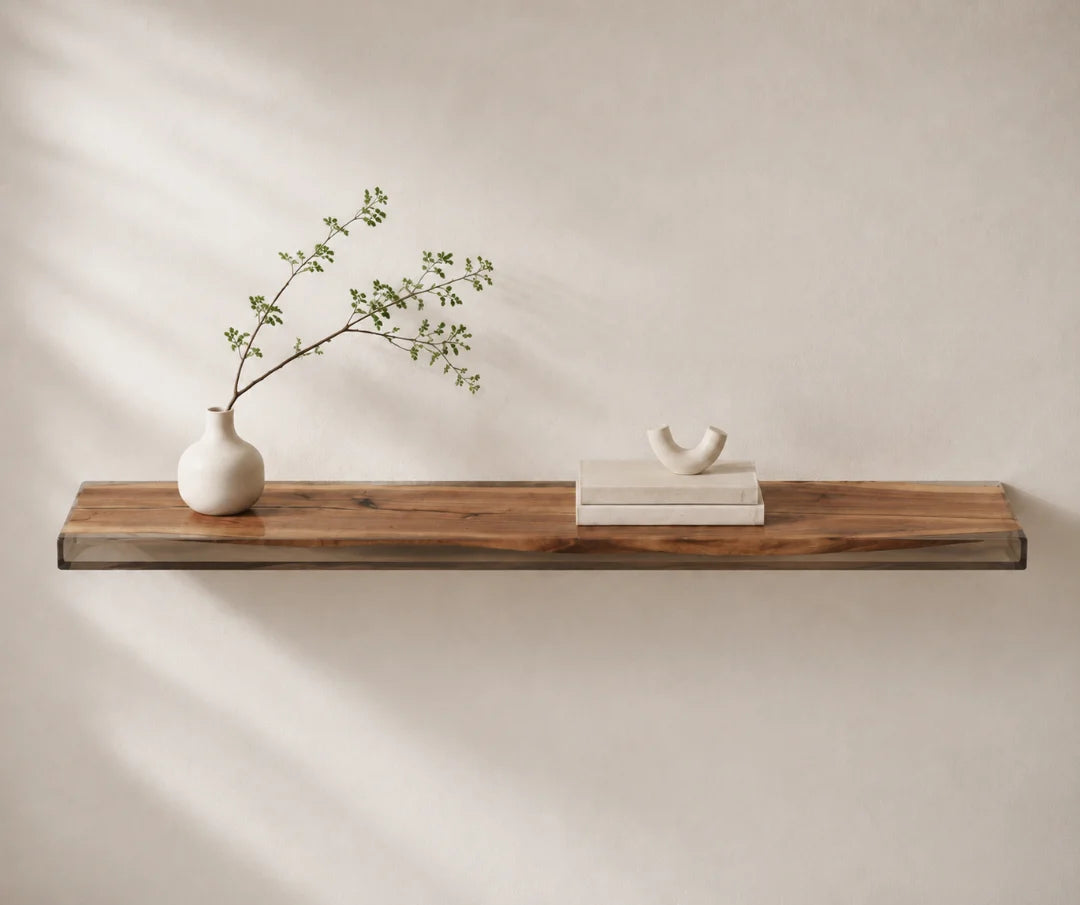 WS04 Natural Span crystal clear wall shelf with handcrafted resin and natural-grain detail