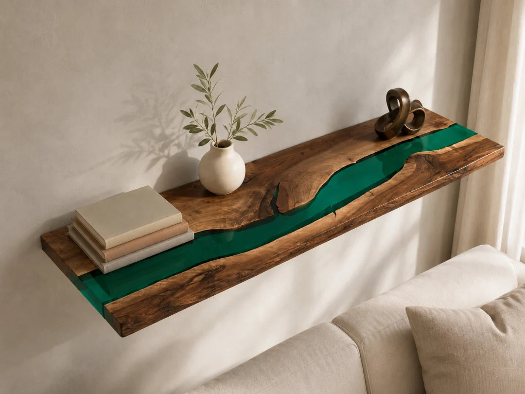 WS05 Emerald Stream emerald green wall shelf with handcrafted resin and natural-grain detail