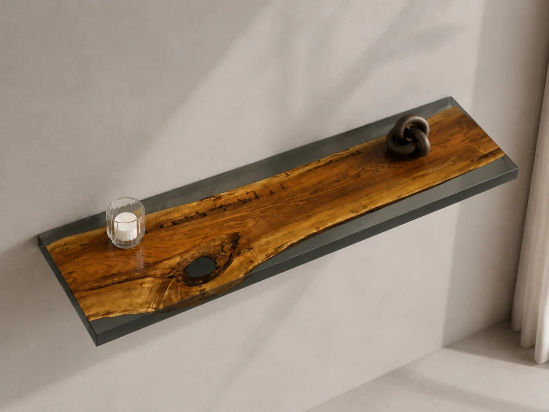 WS06 Smoke Frame smoky gray wall shelf with handcrafted resin and natural-grain detail