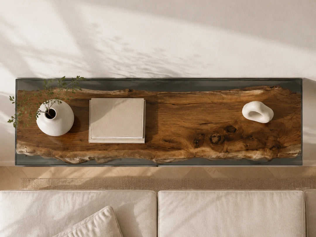 WS07 Clear Frame crystal clear wall shelf with handcrafted resin and natural-grain detail
