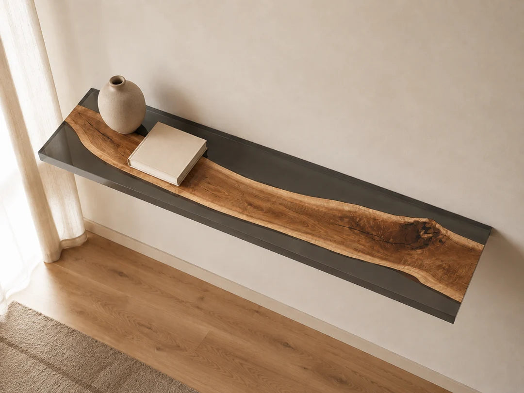 WS08 Gray Arc smoky gray wall shelf with handcrafted resin and natural-grain detail