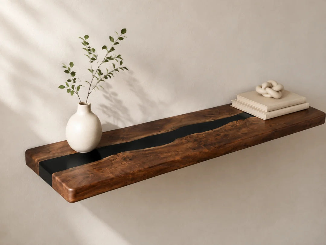WS09 Midnight River jet black wall shelf with handcrafted resin and natural-grain detail