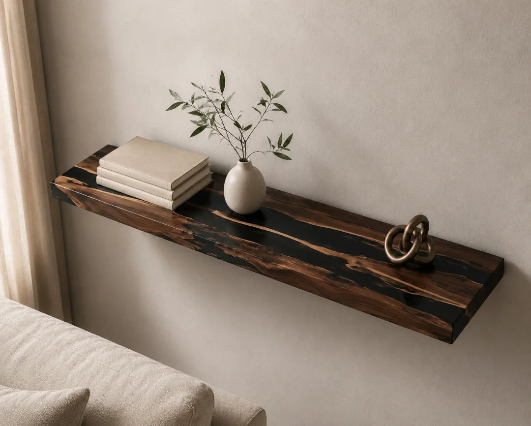 WS10 Twin Black Channels jet black wall shelf with handcrafted resin and natural-grain detail