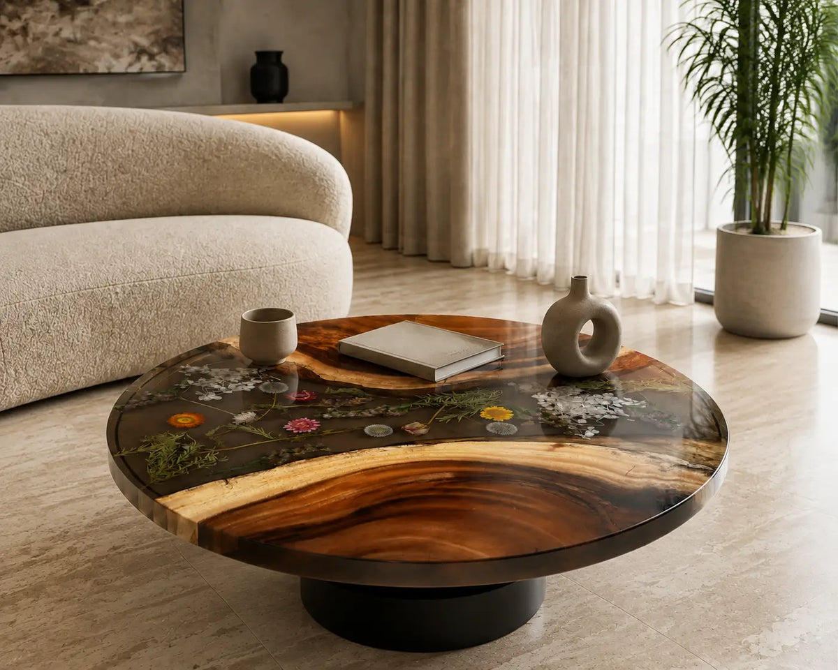 Botanical Orbit crystal clear with botanical inlays epoxy walnut coffee table CFT02