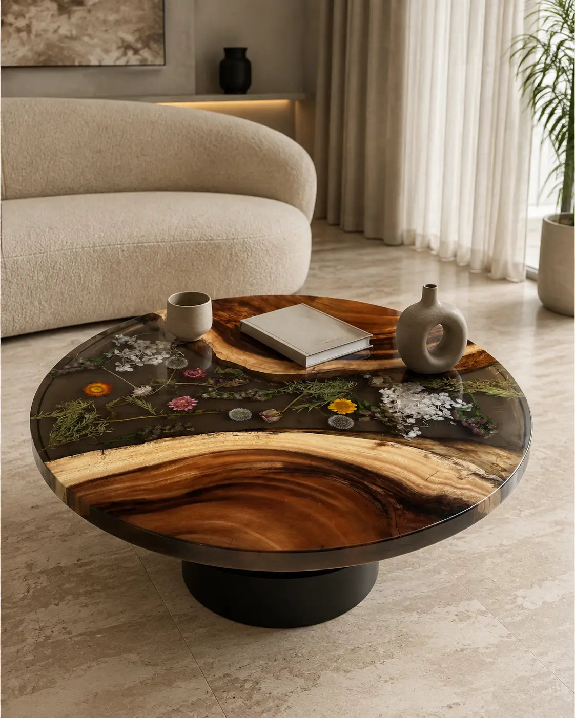 Botanical Orbit Crystal Clear & Botanical Inlays Epoxy Walnut Coffee Table CFT02
