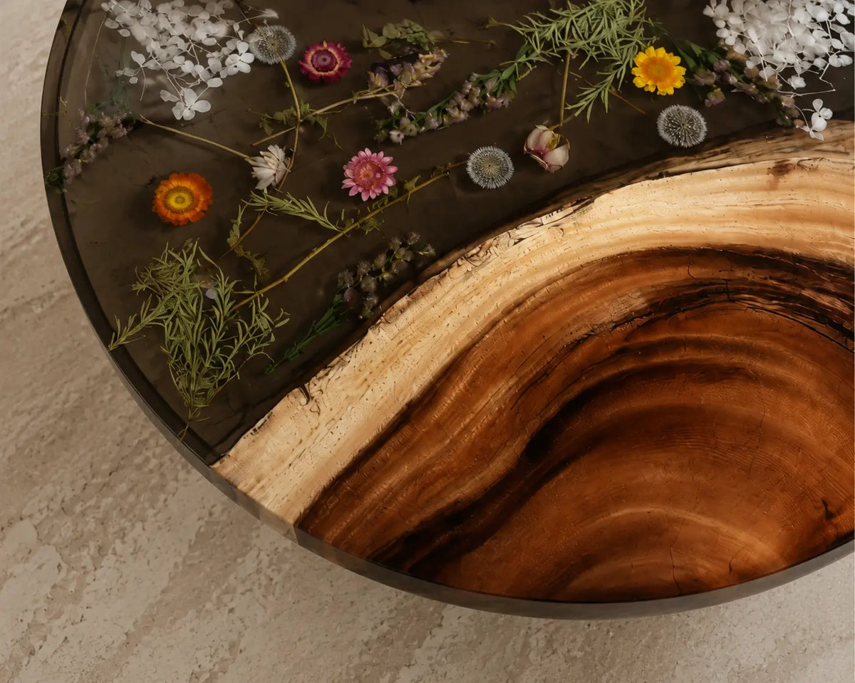 Botanical Orbit Crystal Clear & Botanical Inlays Epoxy Walnut Coffee Table CFT02