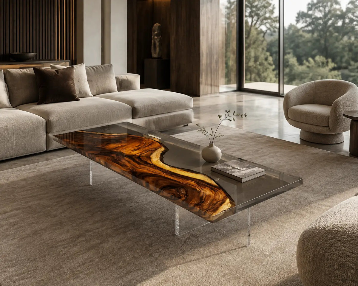 Amber Drift crystal clear epoxy river walnut coffee table CFT03