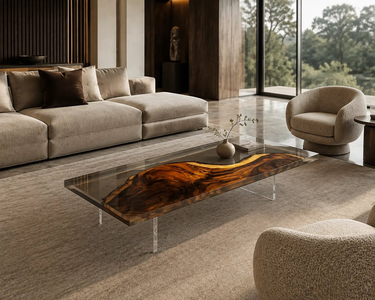 Amber Drift Crystal Clear Epoxy River Walnut Coffee Table CFT03