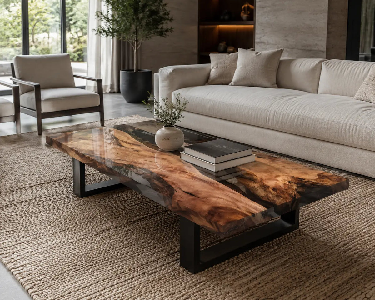 Crystal Ravine smoky crystal clear epoxy walnut coffee table CFT04