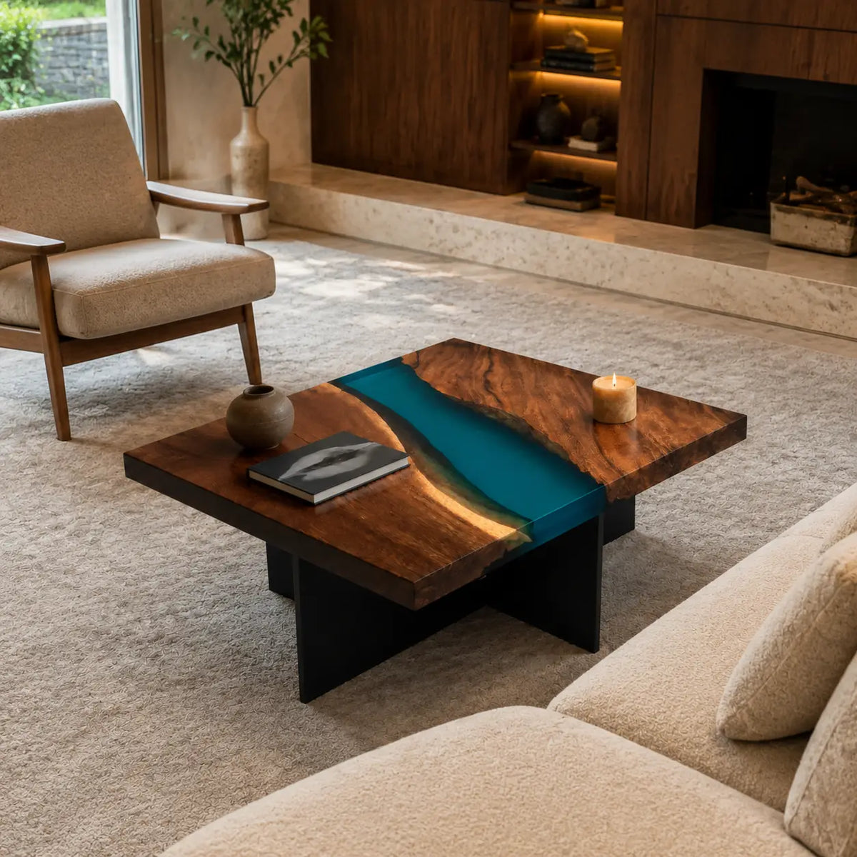 Turquoise River turquoise blue epoxy river walnut coffee table CFT05