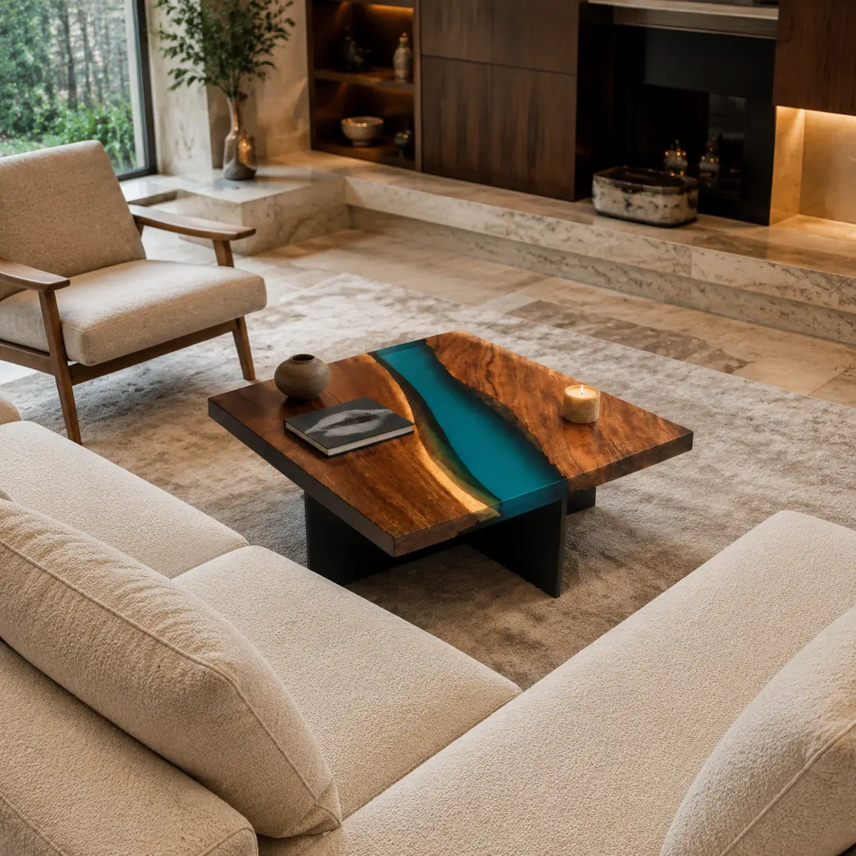 Turquoise River Turquoise Blue Epoxy River Walnut Coffee Table CFT05