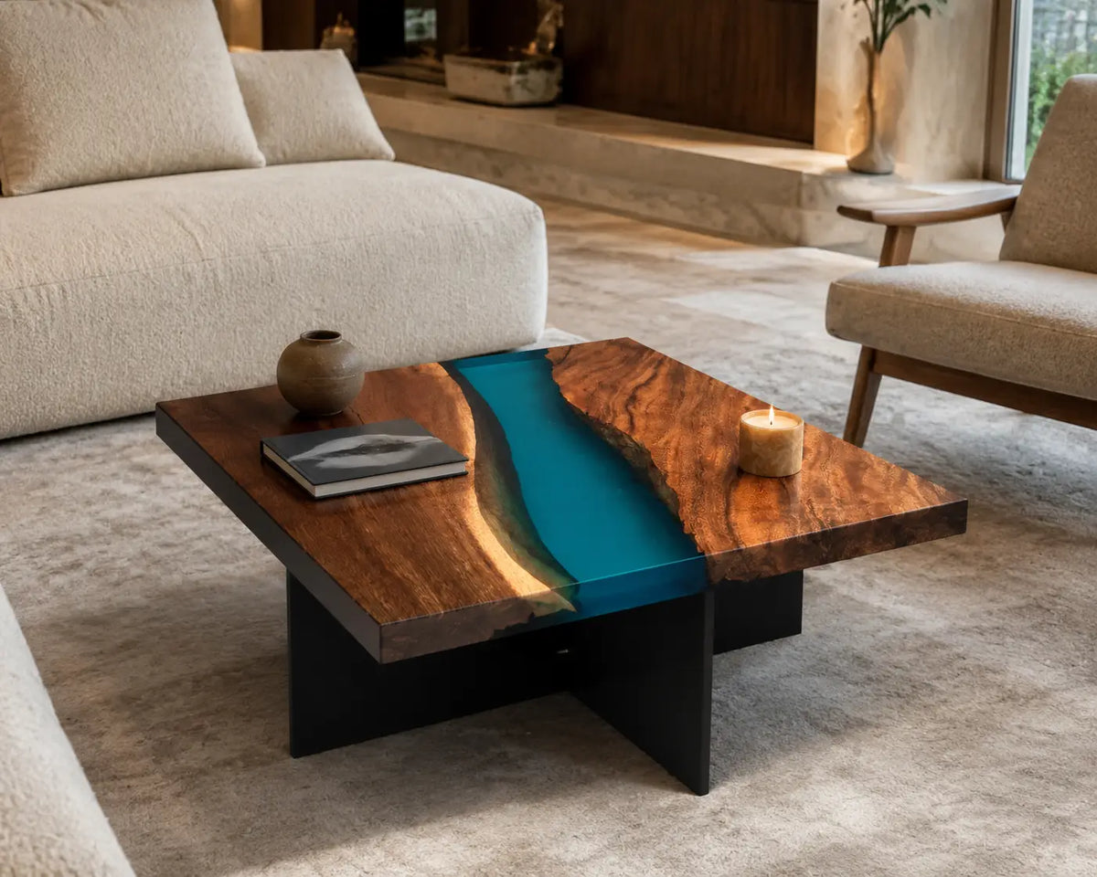 Turquoise River Turquoise Blue Epoxy River Walnut Coffee Table CFT05