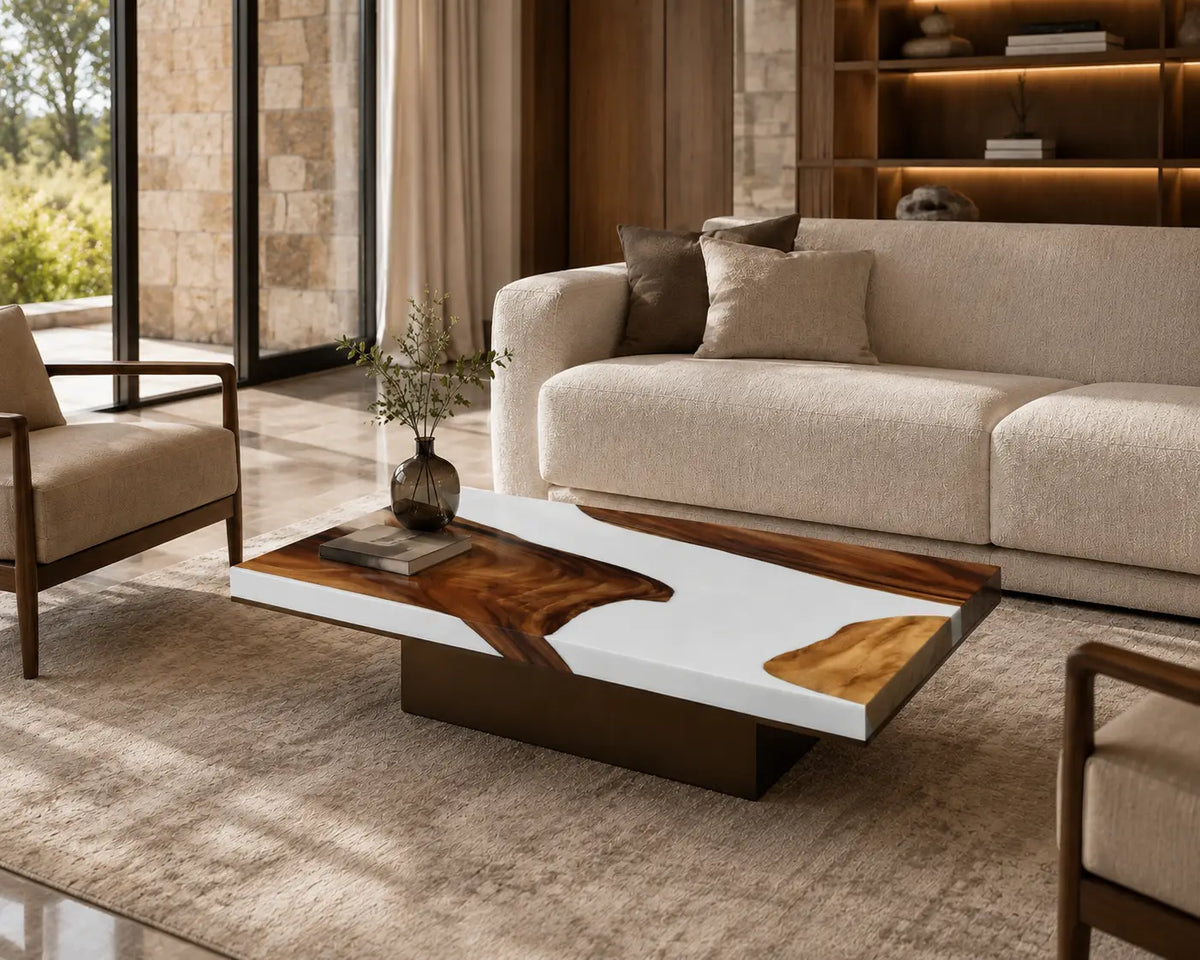 Ivory River opaque white epoxy river walnut coffee table CFT06