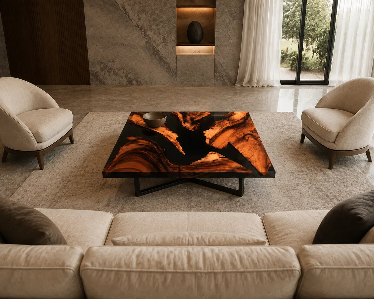 Ember Rift Opaque Black Epoxy River Walnut Coffee Table CFT07