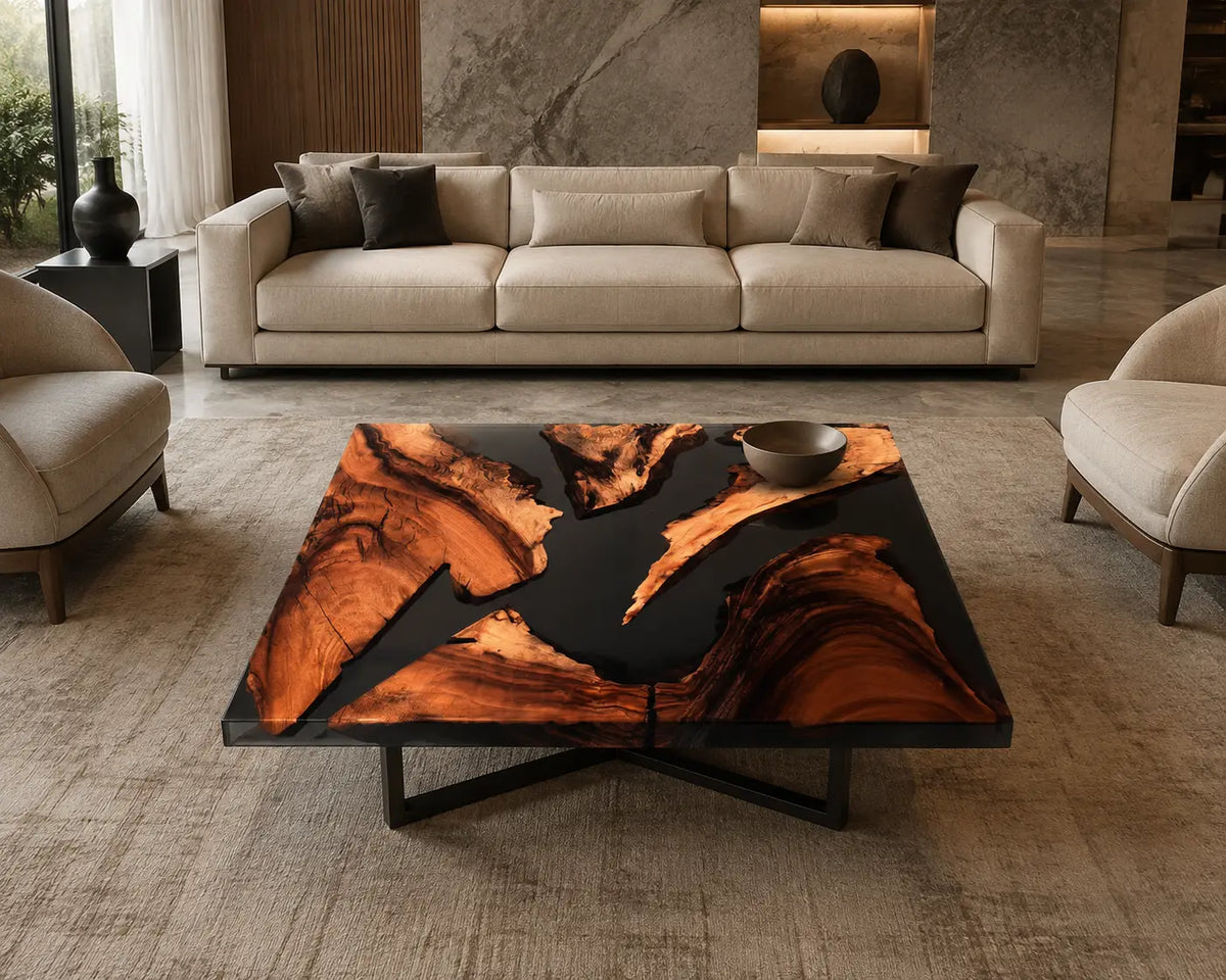 Ember Rift Opaque Black Epoxy River Walnut Coffee Table CFT07