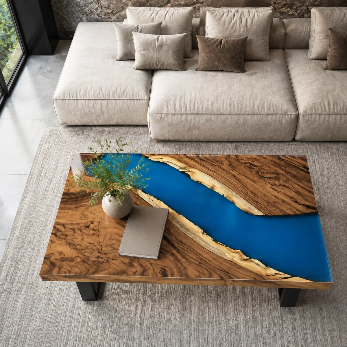Azure Bend ocean blue epoxy river walnut coffee table CFT08