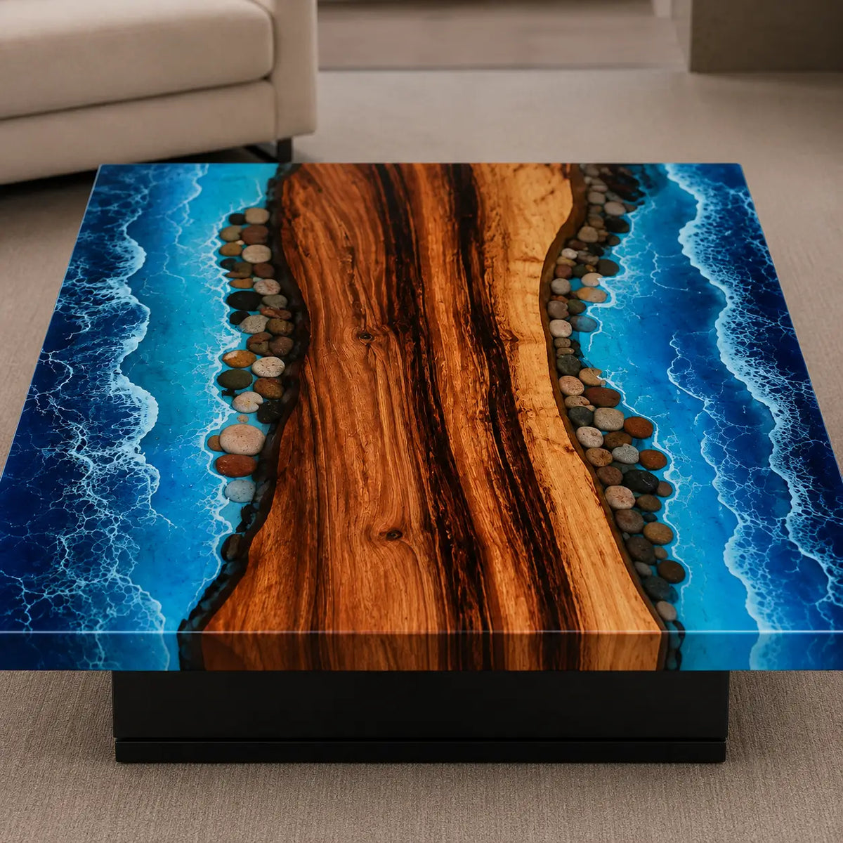 Tidal Divide ocean blue with white surf epoxy walnut coffee table CFT10
