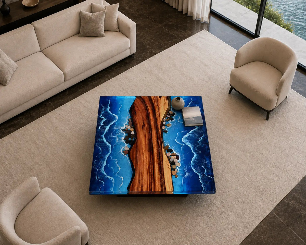 Tidal Divide Ocean Blue & White Surf Epoxy Walnut Coffee Table CFT10