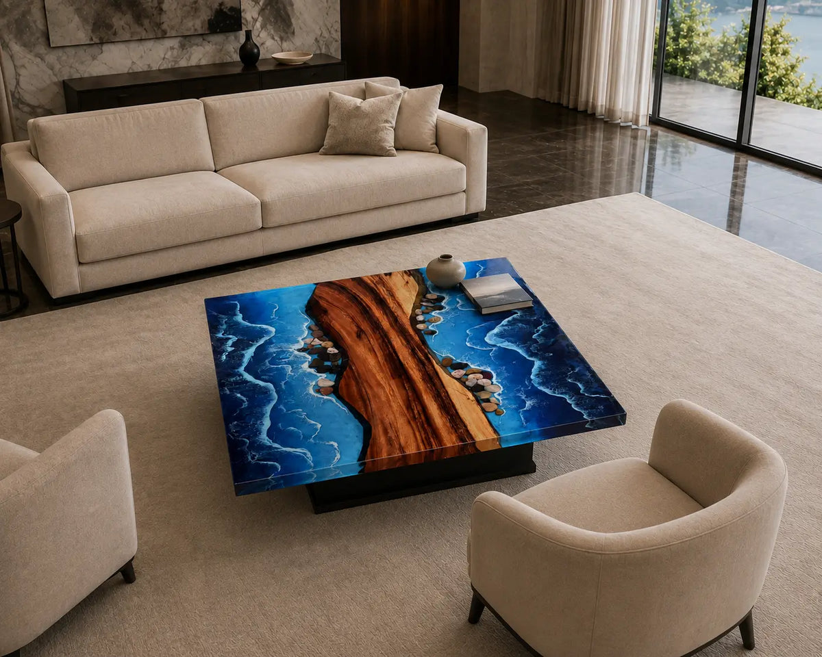 Tidal Divide Ocean Blue & White Surf Epoxy Walnut Coffee Table CFT10