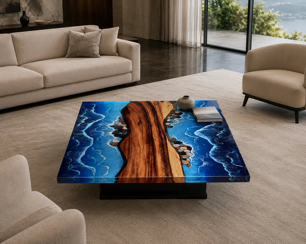 Tidal Divide Ocean Blue & White Surf Epoxy Walnut Coffee Table CFT10
