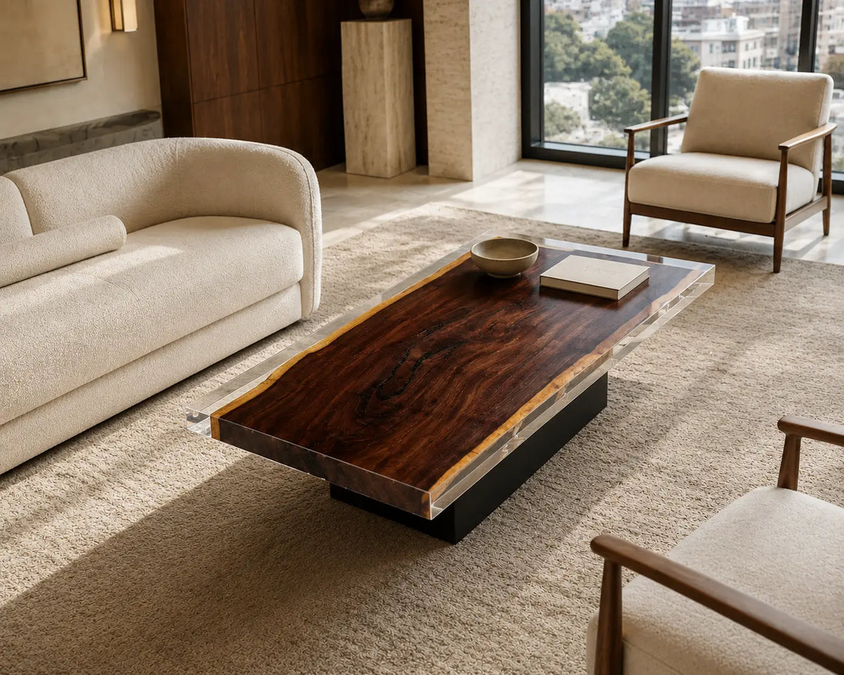 Crystal Frame crystal clear epoxy walnut coffee table CFT11