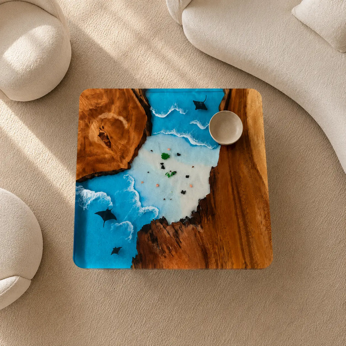 Island Lagoon turquoise blue with white surf epoxy walnut coffee table CFT12
