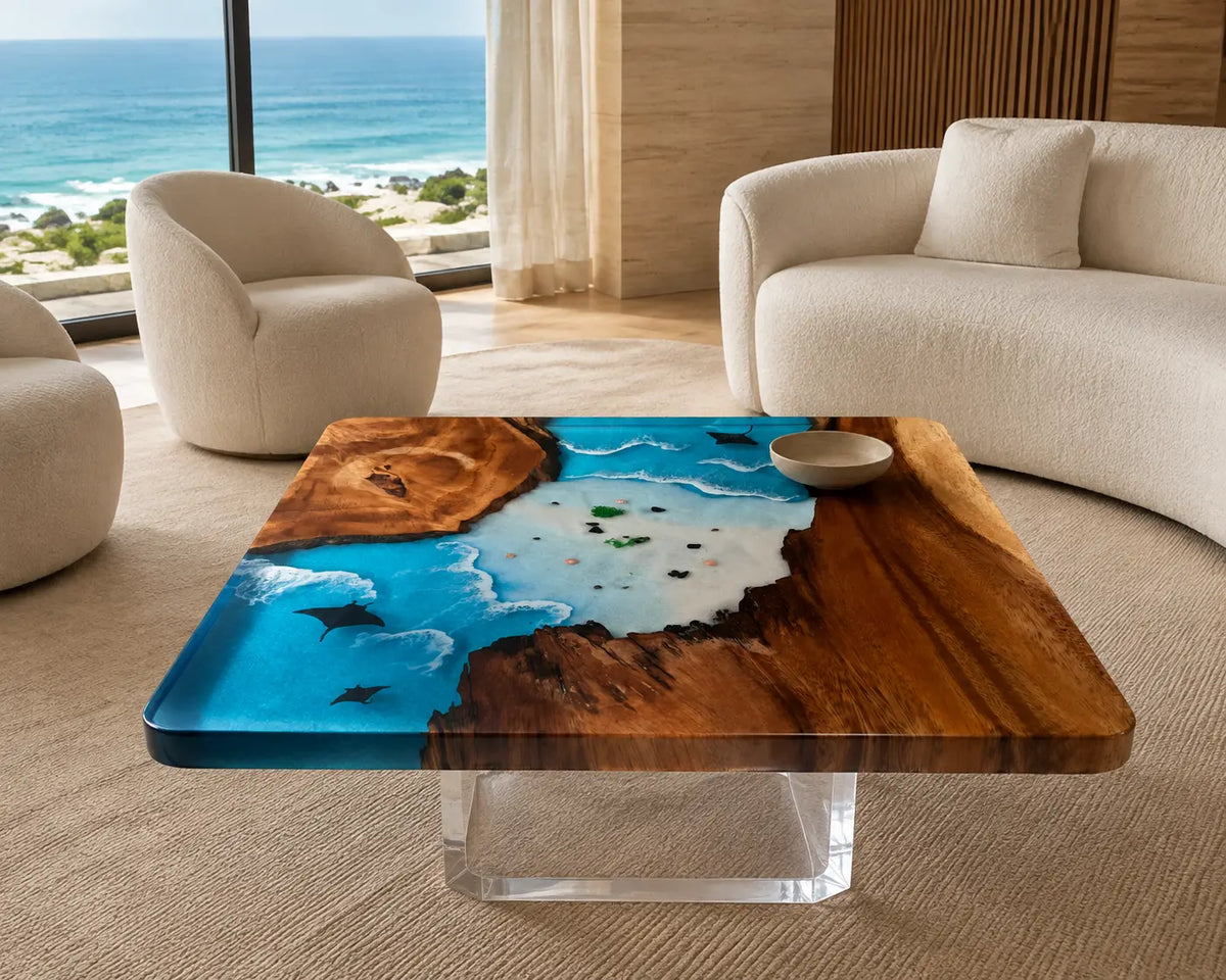 Island Lagoon Turquoise Blue & White Surf Epoxy Walnut Coffee Table CFT12