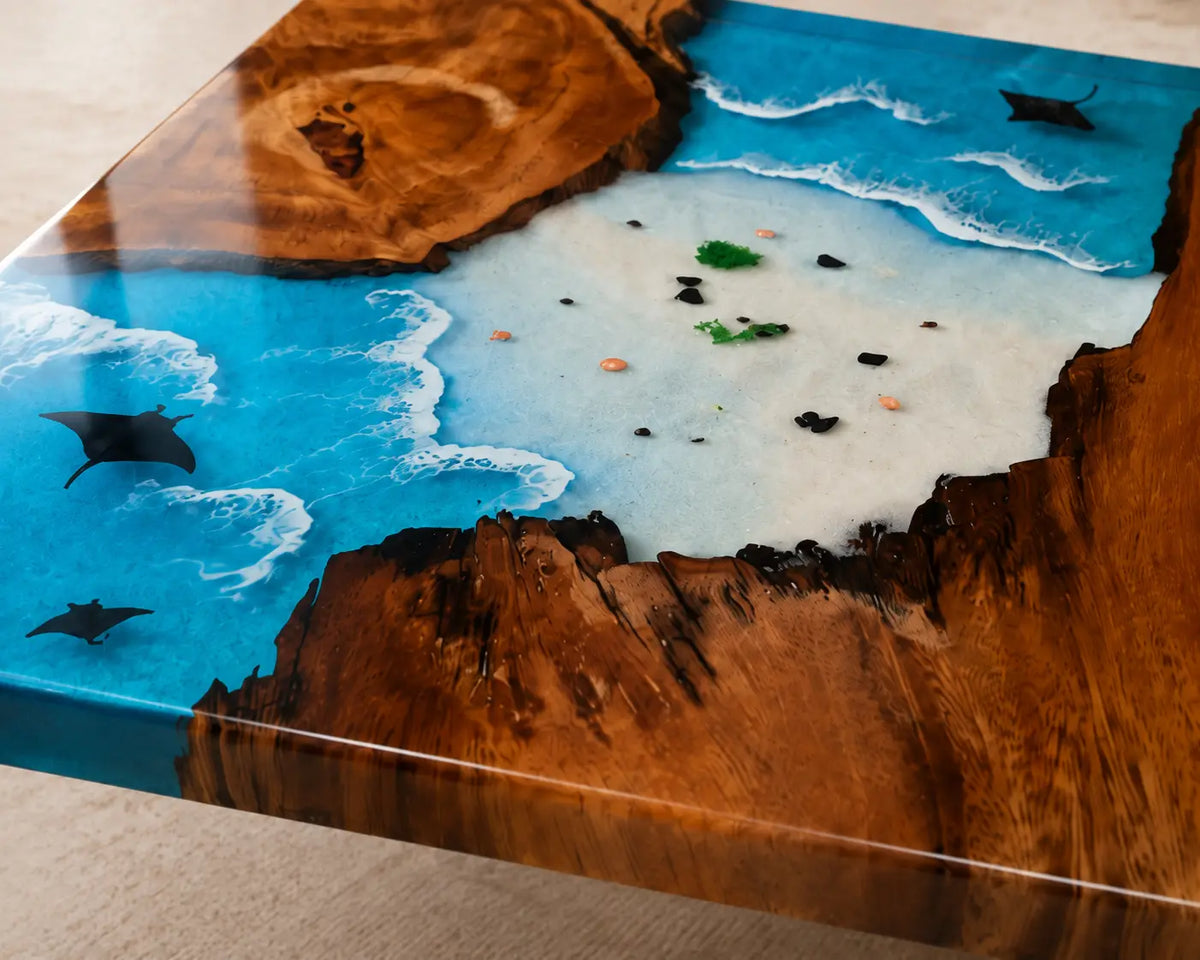 Island Lagoon Turquoise Blue & White Surf Epoxy Walnut Coffee Table CFT12