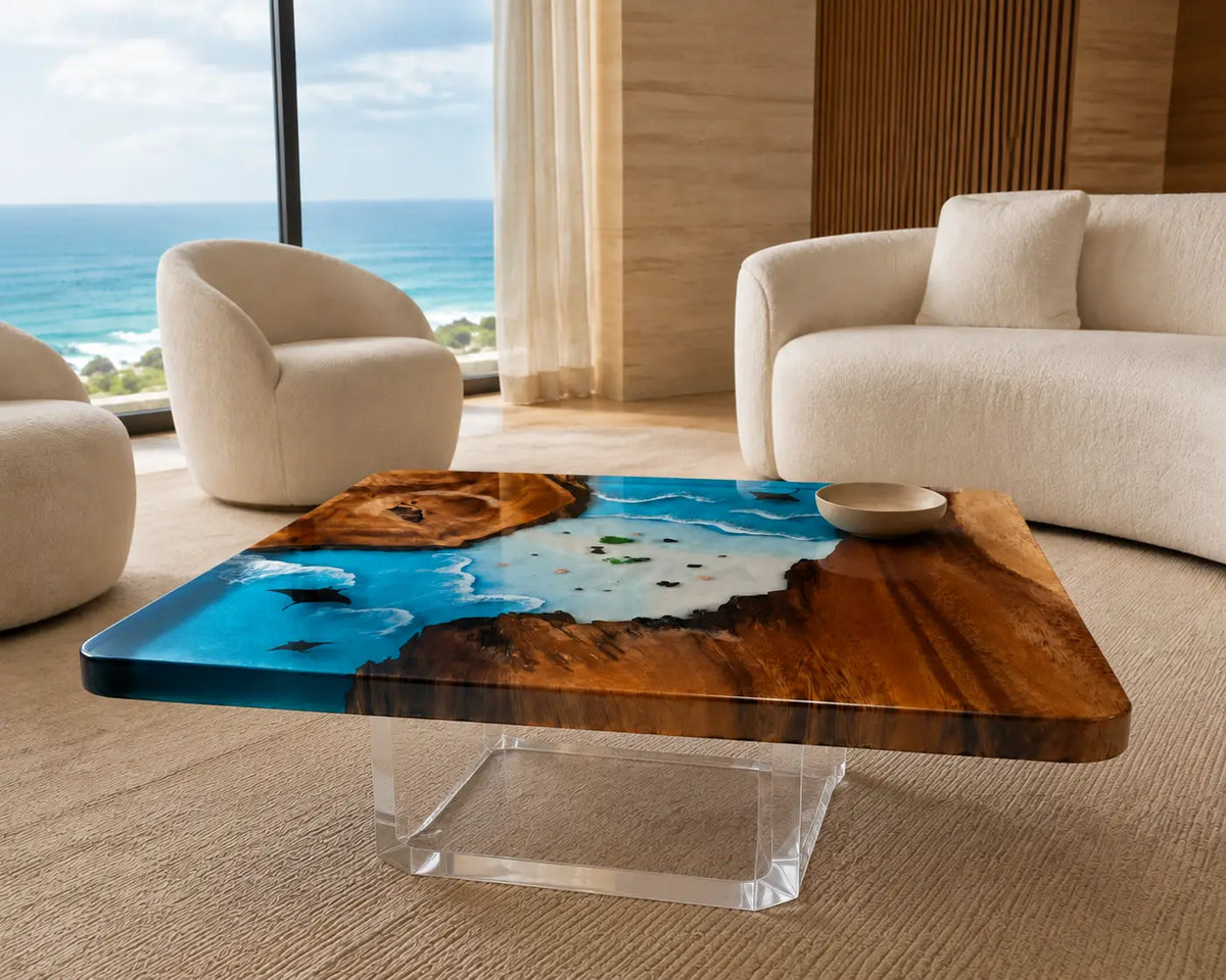 Island Lagoon Turquoise Blue & White Surf Epoxy Walnut Coffee Table CFT12