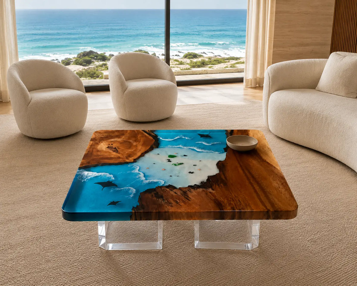 Island Lagoon Turquoise Blue & White Surf Epoxy Walnut Coffee Table CFT12