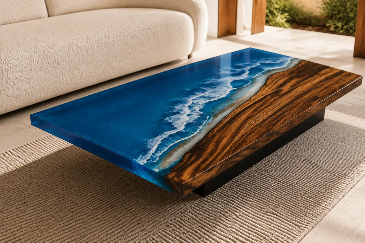 Coastal Break ocean blue with white surf epoxy walnut coffee table CFT14
