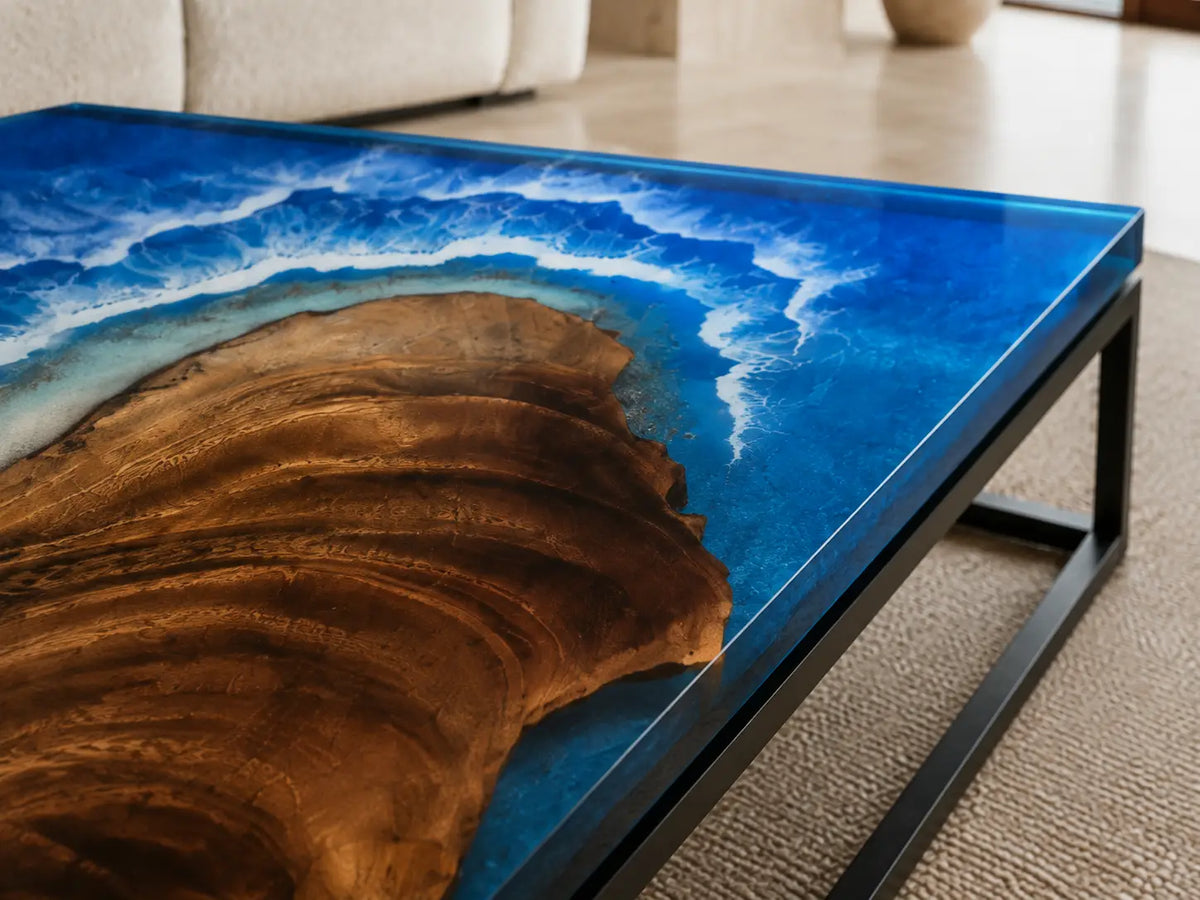 Coastal Break Ocean Blue & White Surf Epoxy Walnut Coffee Table CFT14