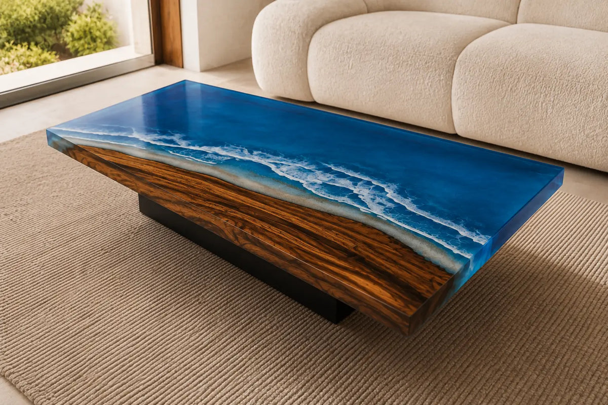 Coastal Break Ocean Blue & White Surf Epoxy Walnut Coffee Table CFT14