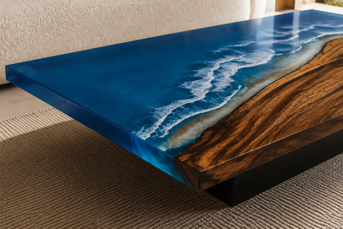 Coastal Break Ocean Blue & White Surf Epoxy Walnut Coffee Table CFT14