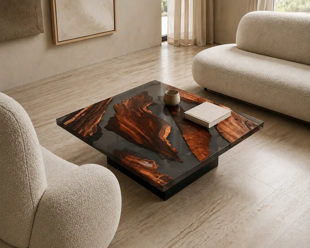 Obsidian Fork Opaque Black Epoxy River Walnut Coffee Table CFT15