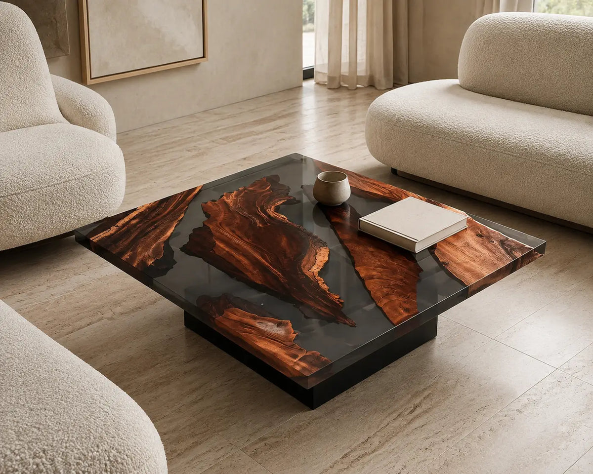 Obsidian Fork Opaque Black Epoxy River Walnut Coffee Table CFT15