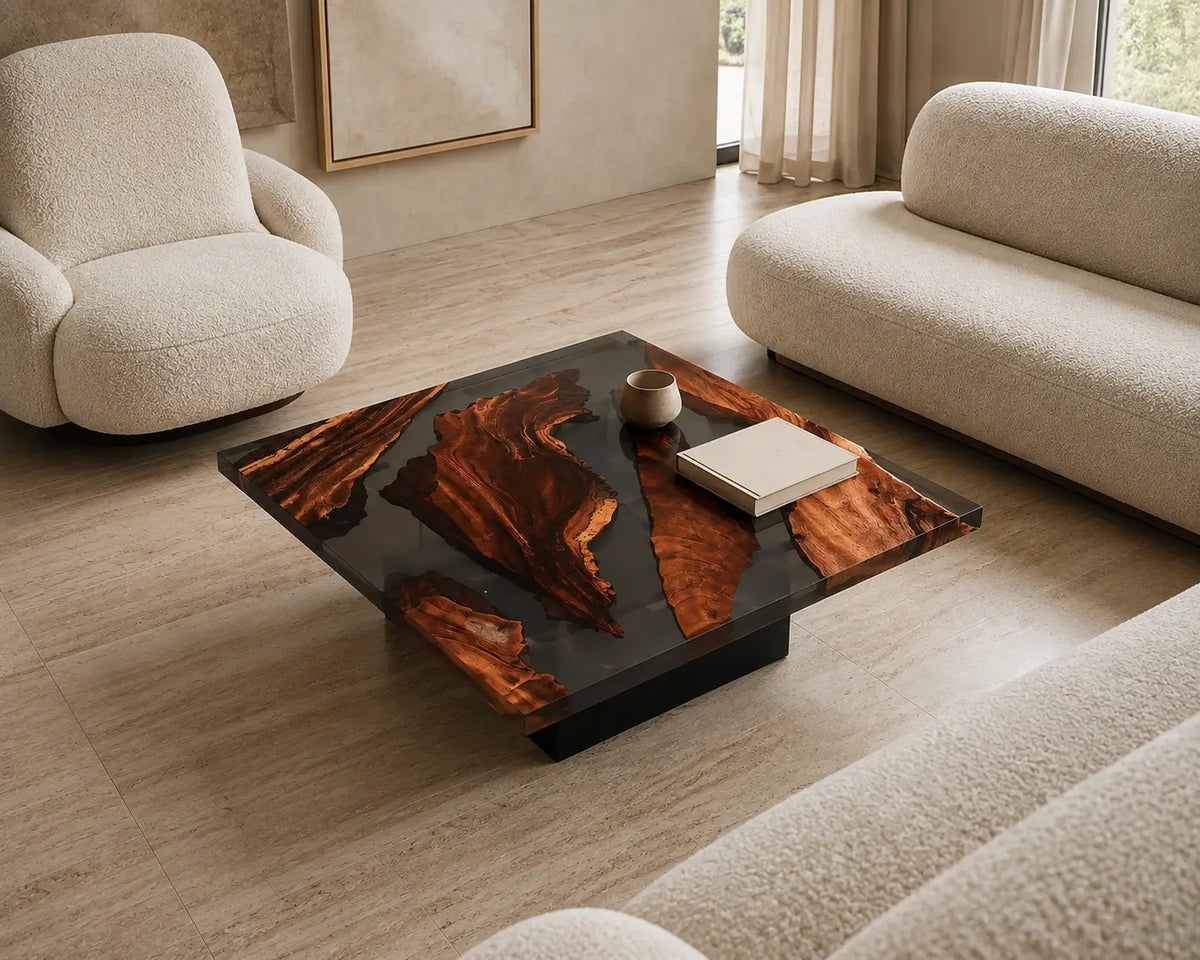 Obsidian Fork Opaque Black Epoxy River Walnut Coffee Table CFT15