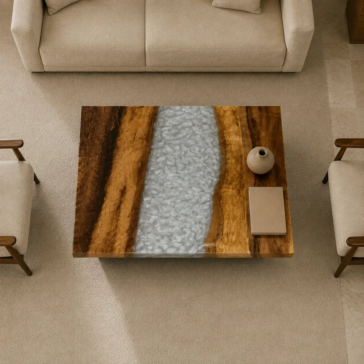 Pearl Rapids pearlescent white epoxy river walnut coffee table CFT16