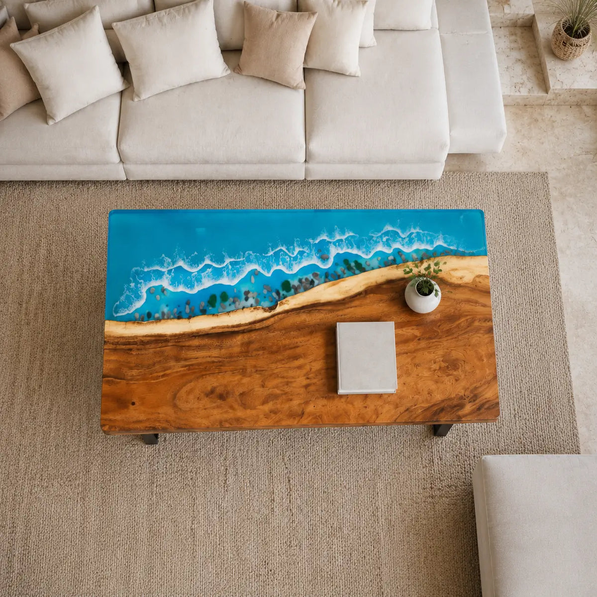 Blue Coastline ocean blue with white surf epoxy walnut coffee table CFT17