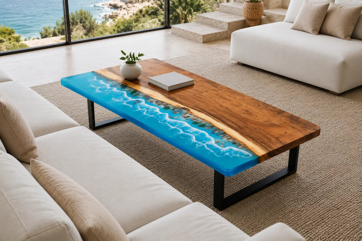 Blue Coastline Ocean Blue & White Surf Epoxy Walnut Coffee Table CFT17