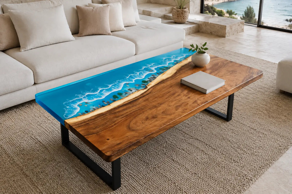 Blue Coastline Ocean Blue & White Surf Epoxy Walnut Coffee Table CFT17