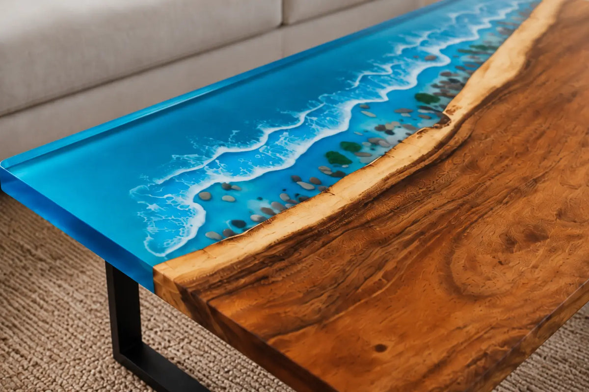 Blue Coastline Ocean Blue & White Surf Epoxy Walnut Coffee Table CFT17