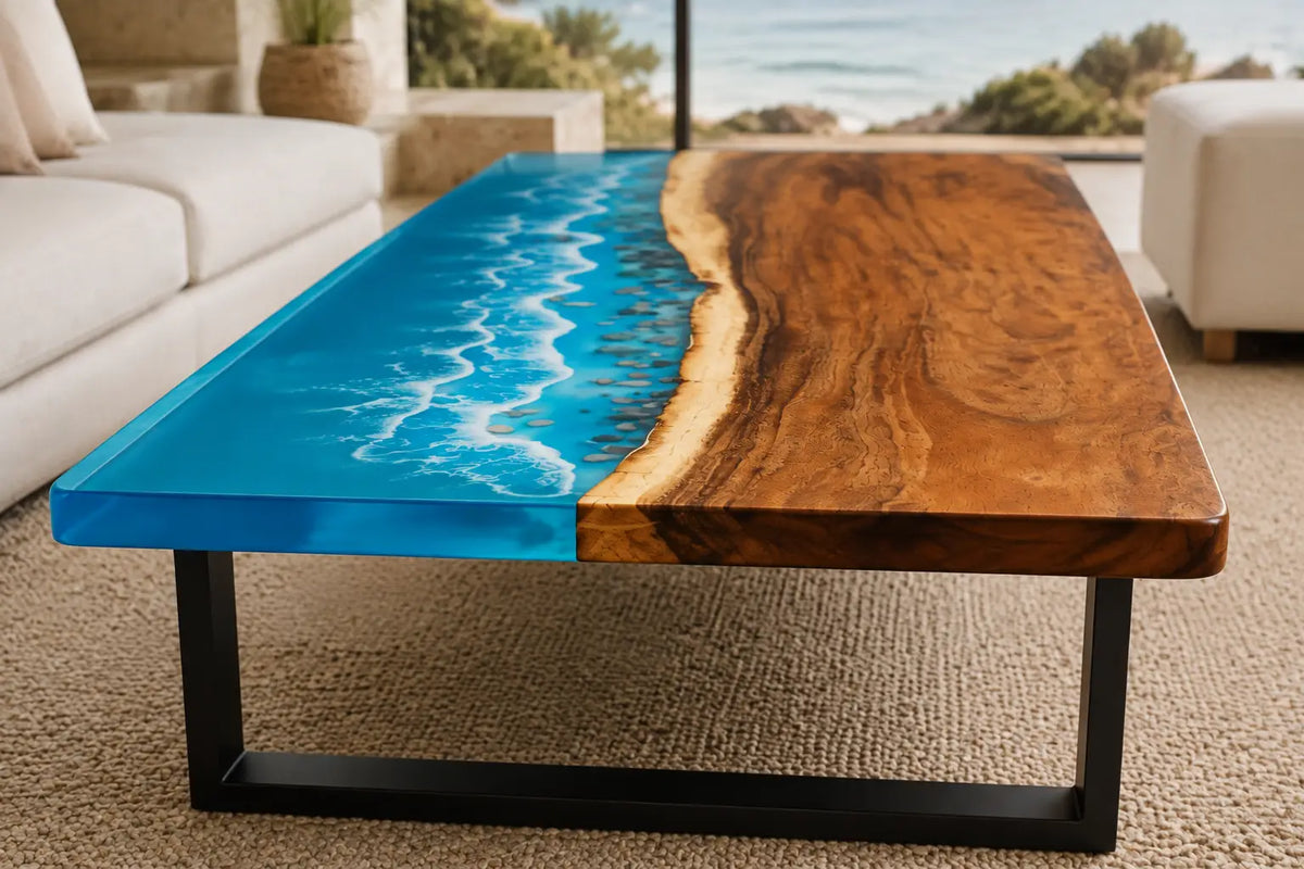 Blue Coastline Ocean Blue & White Surf Epoxy Walnut Coffee Table CFT17
