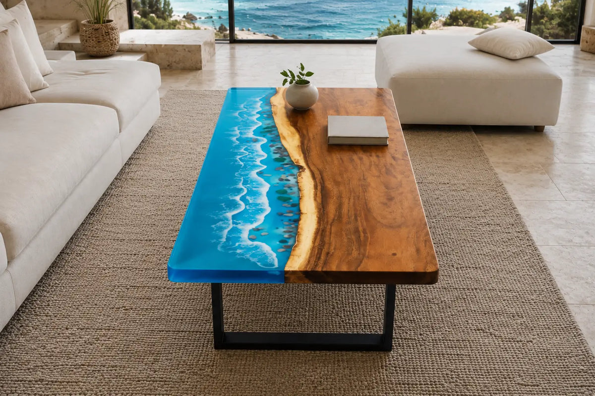 Blue Coastline Ocean Blue & White Surf Epoxy Walnut Coffee Table CFT17