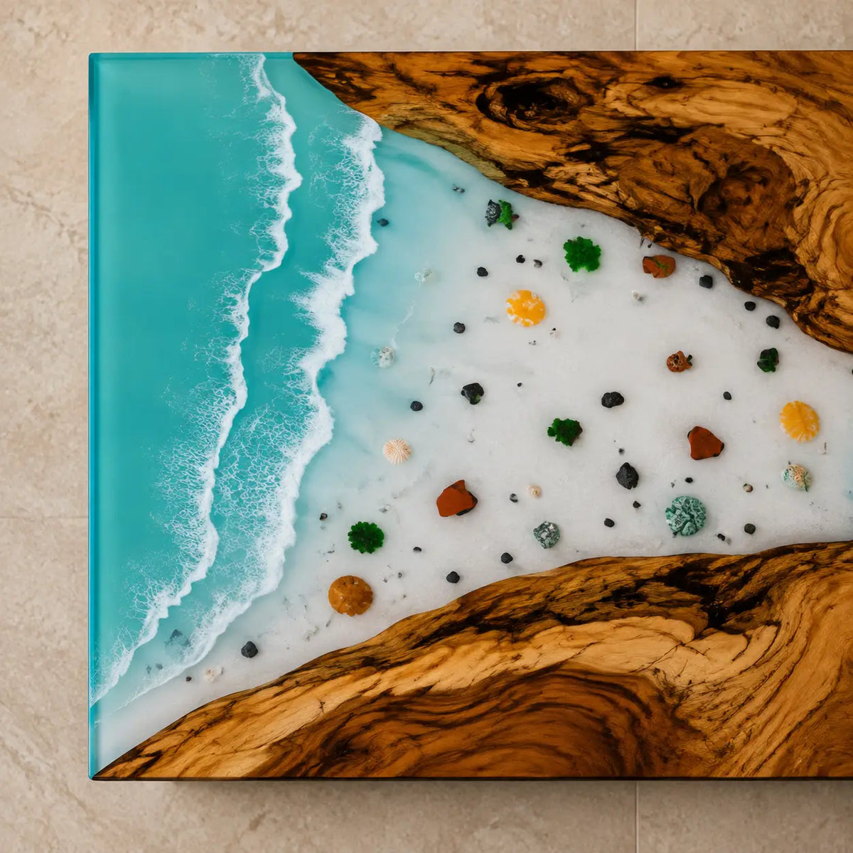 Lagoon Overlook turquoise blue with white surf epoxy walnut coffee table CFT18